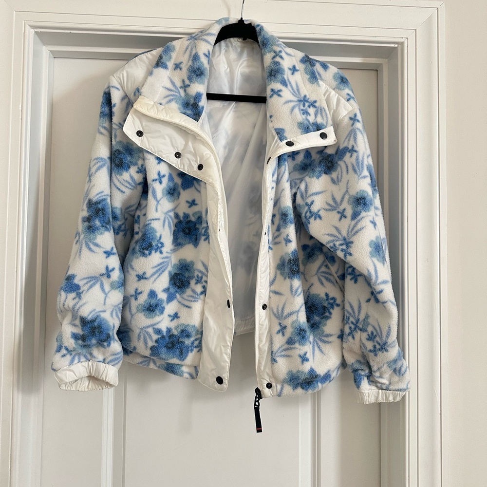 LoveShackFancy White Teddy Jacket with Blue Floral Print